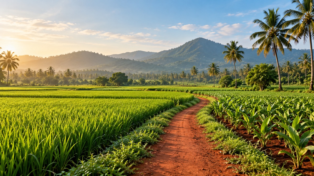 Illustrative green farmland with coconut palms and a red earth path